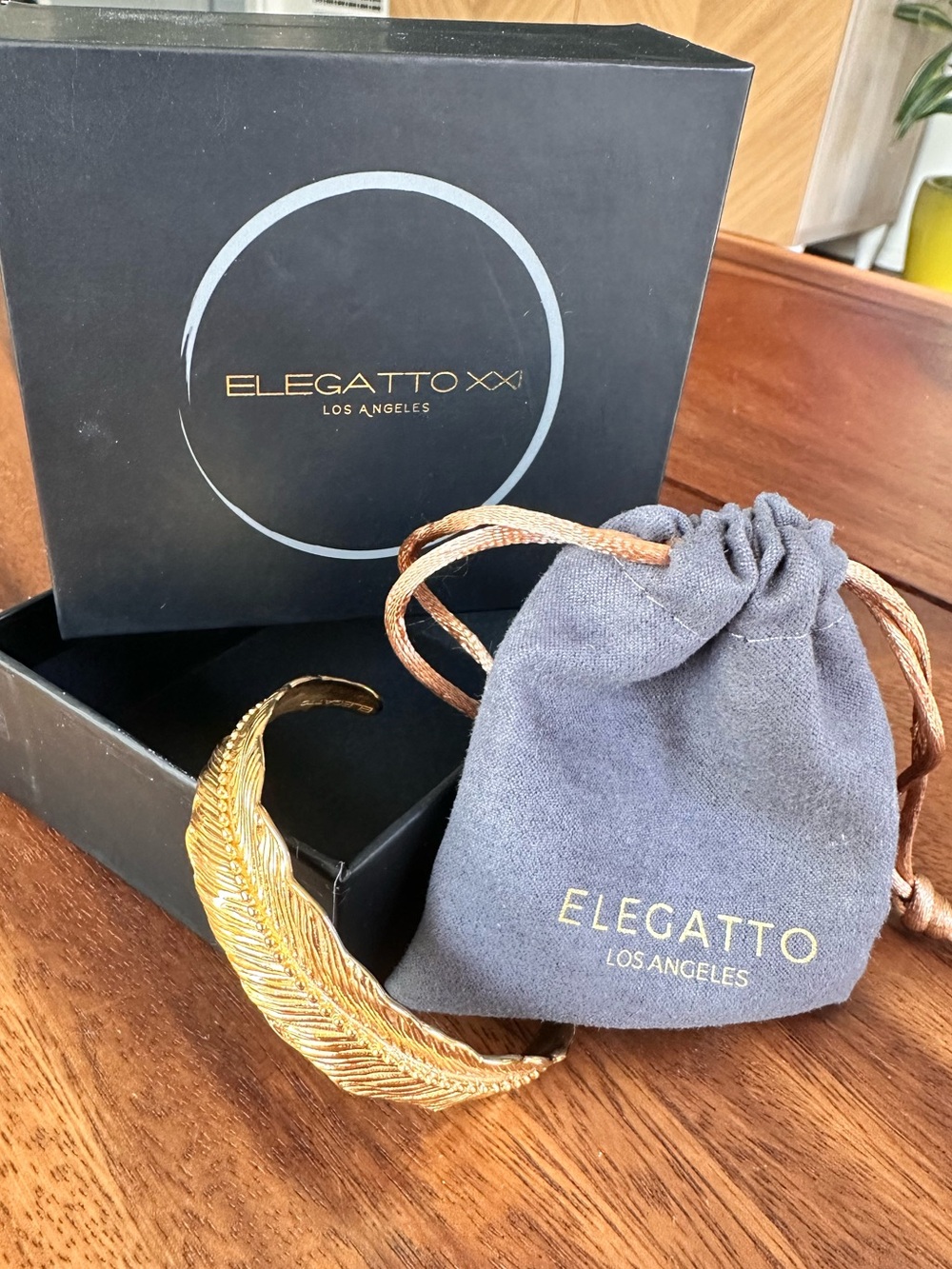 ELEGATTO Los Angeles Gold Feather Cuff Bracelet Open Bangle w/ Gift Box & Pouch